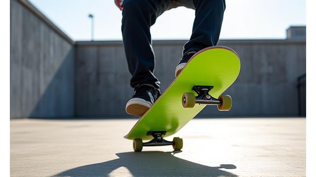 Skateboarder performing a kickflip, board rotating in mid-air
