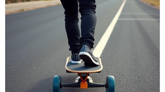 Skateboarder balancing on back wheels in a manual, urban background