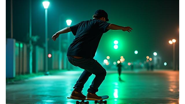 Skateboarder executing a varial kickflip, board spinning and flipping simultaneously