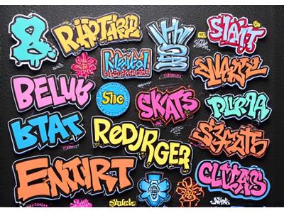 Assortment of vibrant graffiti stickers on a dark background