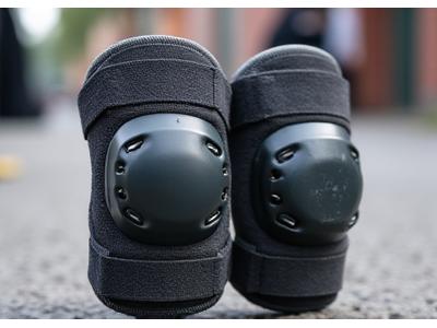 Heavy-duty knee pads on concrete with urban background