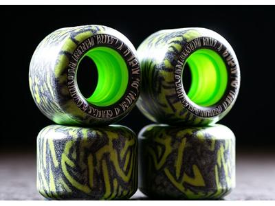 Set of four graffiti-style skateboard wheels with green accents