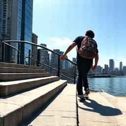 Skater performing a trick near the urban waterfront